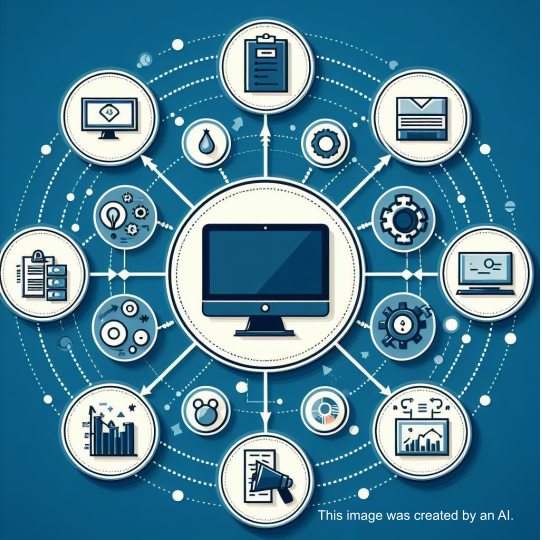 AI generate image showing a graphic where at the center there's a computer and several sources of information are connected to it