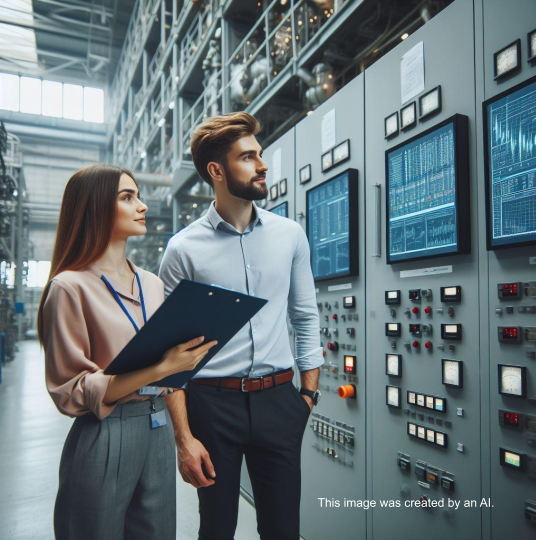 Ai generated image showing a man and a woman standing in front of a plant monitor dashboard