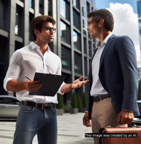 KI-Bild eines Mannes, der sich vor einem Bürogebäude mit einem anderen Mann unterhält