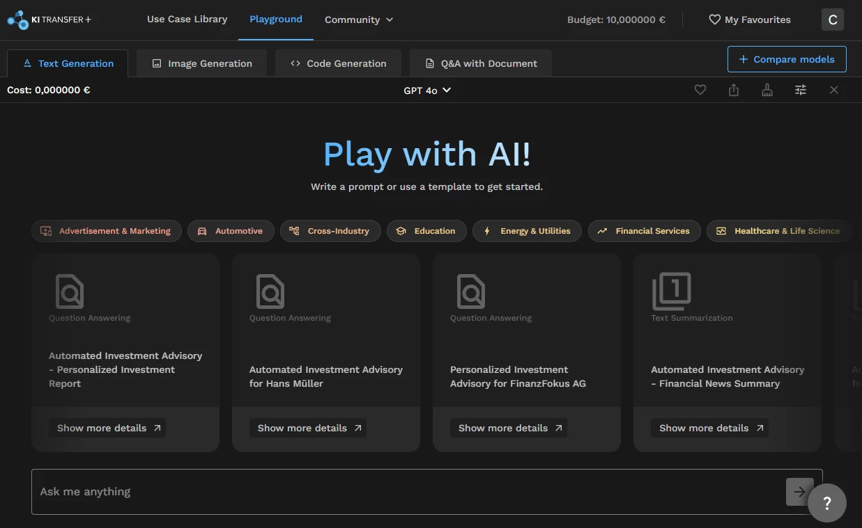 Screenshot of the AI playground of the GenAIxy platform