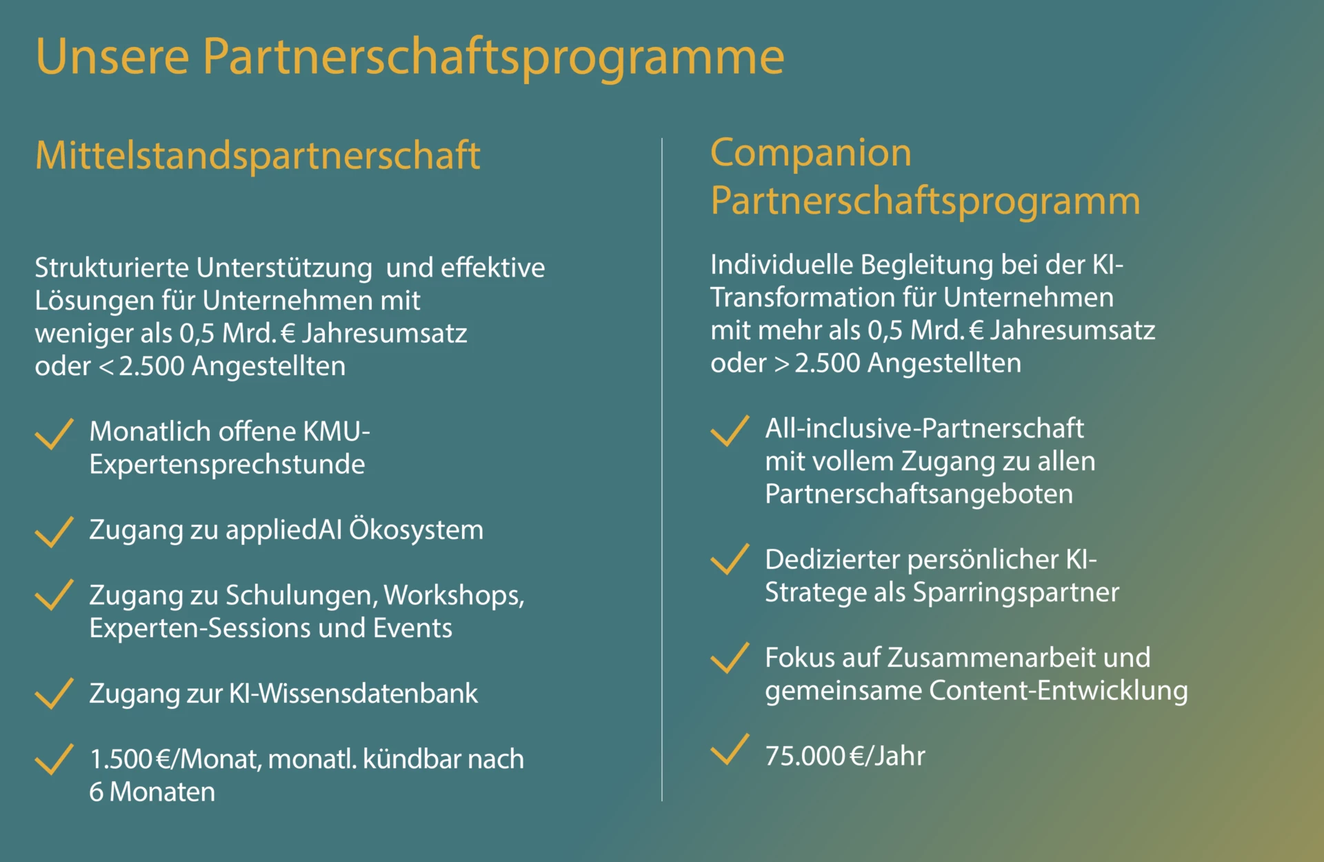 Grafik mit einer Übersicht über die Leistungen des KMU Partnerschaftsprogramms und des Companion Partnerschaftsprogramms.