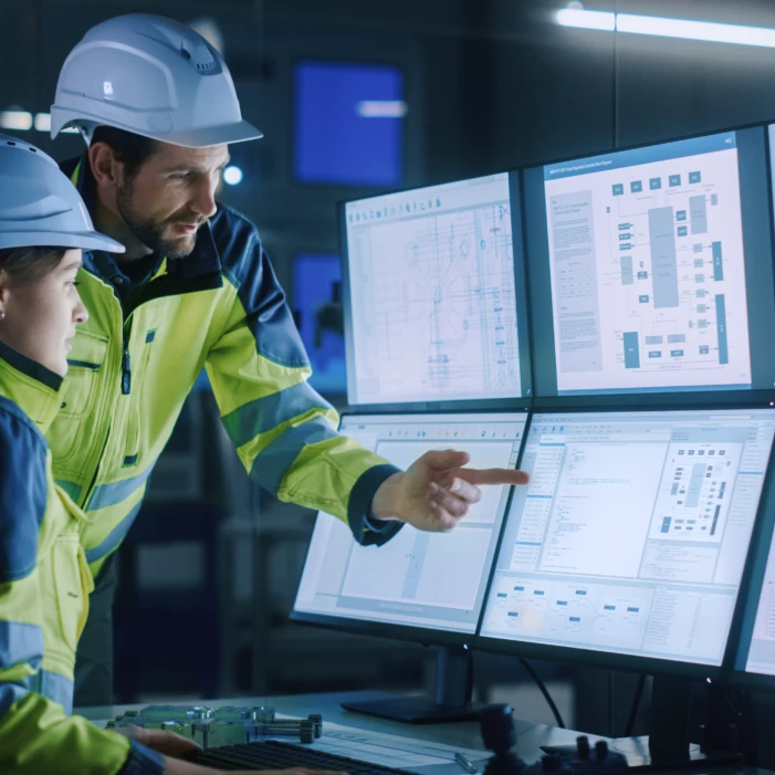 Two workers in an industry plant discussing the digital infrastructure